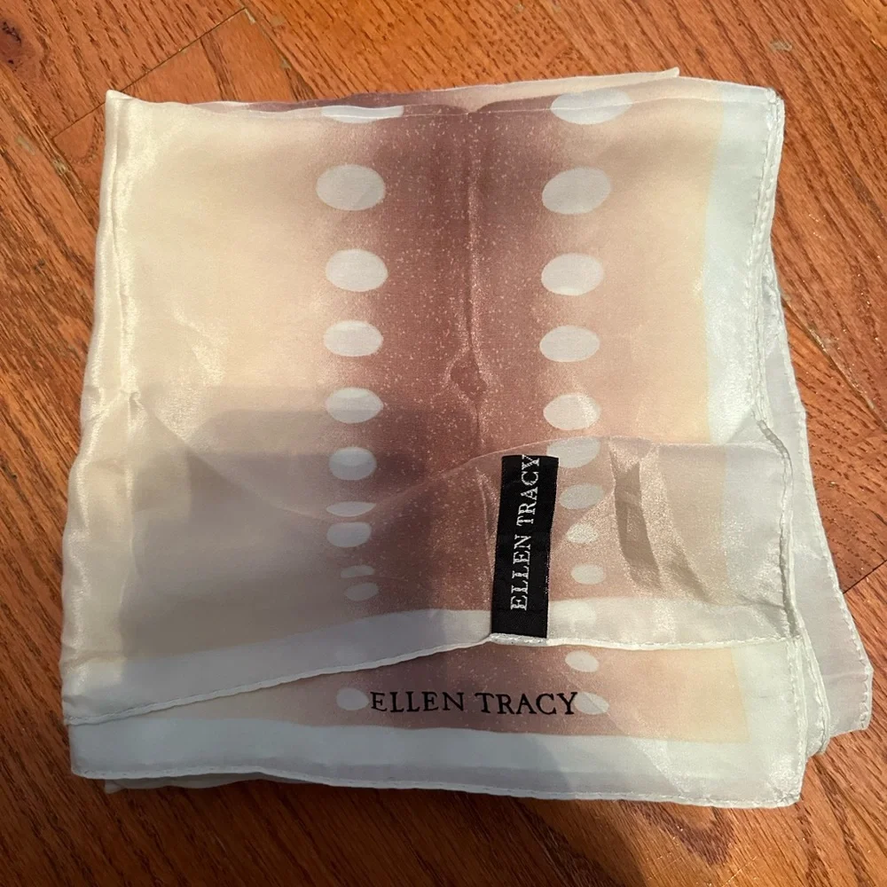 Vintage Ellen Tracy 100% Silk Sheer Scarf Beige Polka Dot Made In Korea 32”